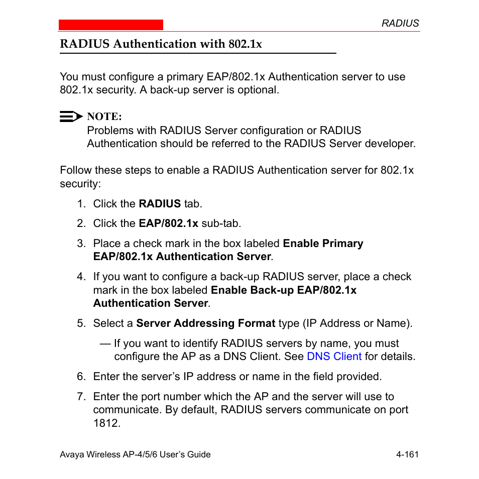 Radius authentication with 802.1x, Radius authentication with 802.1x -161 | Avaya AP-6 User Manual | Page 259 / 502