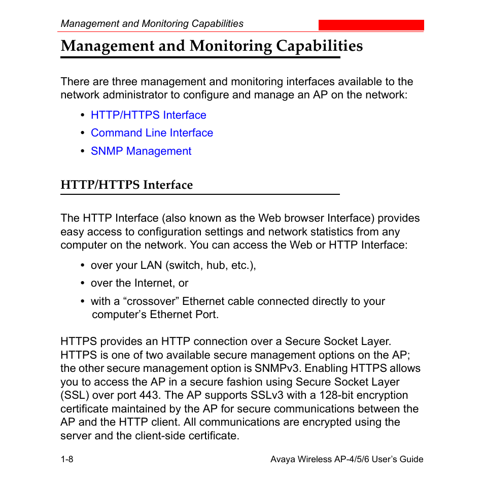 Management and monitoring capabilities, Http/https interface, Management and monitoring capabilities -8 | Http/https interface -8 | Avaya AP-6 User Manual | Page 26 / 502