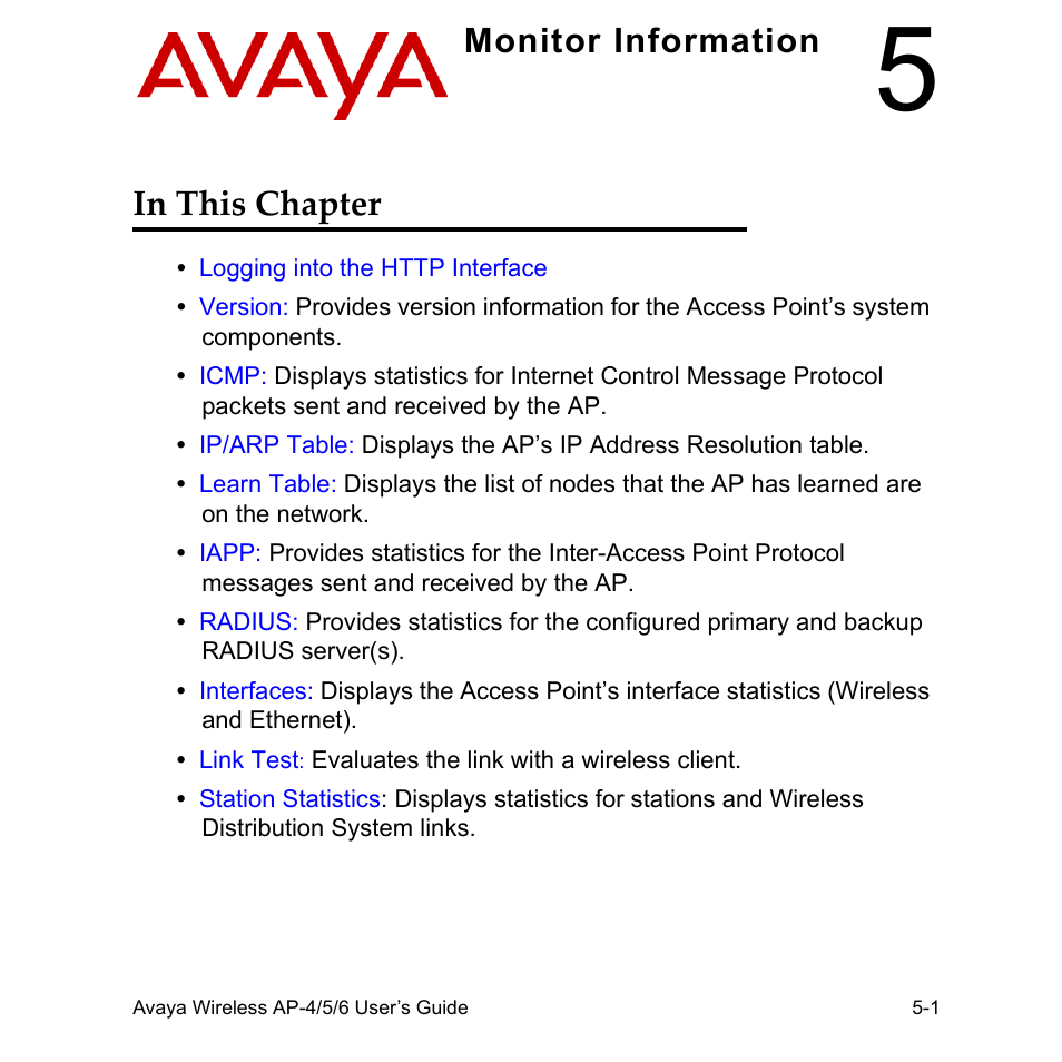 5 monitor information, In this chapter, 5 monitor information -1 | In this chapter -1, Monitor information, Monitor information in this chapter | Avaya AP-6 User Manual | Page 269 / 502