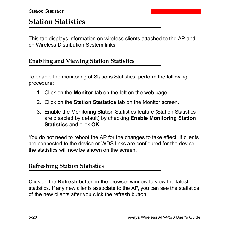 Station statistics, Enabling and viewing station statistics, Refreshing station statistics | Station statistics -20 | Avaya AP-6 User Manual | Page 288 / 502