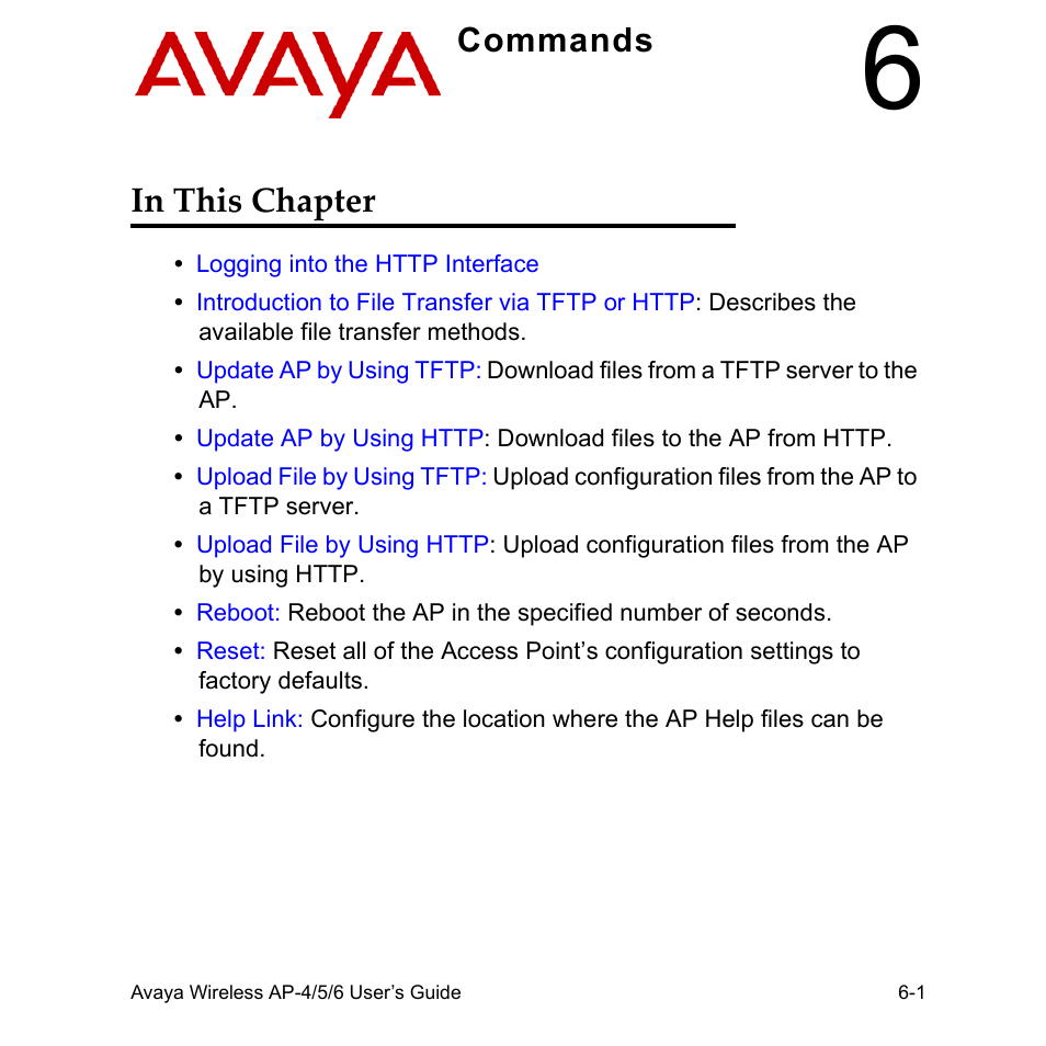 6 commands, In this chapter, 6 commands -1 | In this chapter -1, Commands, Commands in this chapter | Avaya AP-6 User Manual | Page 293 / 502
