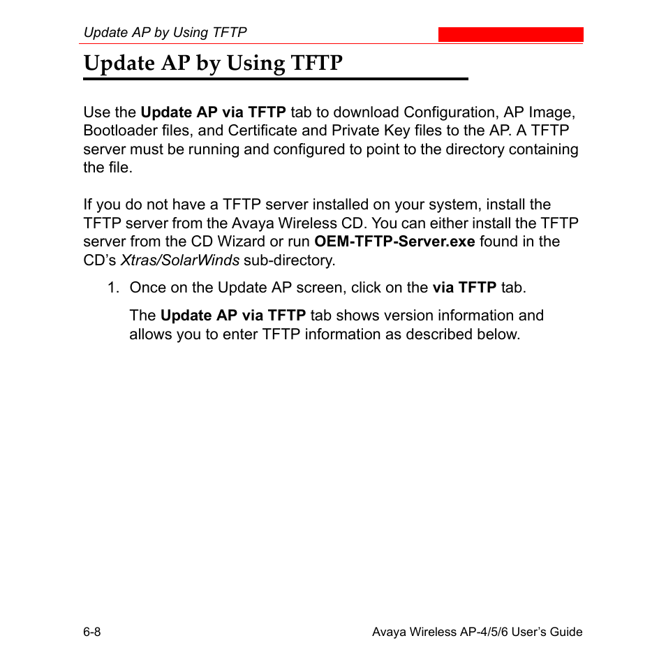 Update ap by using tftp, Update ap by using tftp -8 | Avaya AP-6 User Manual | Page 300 / 502