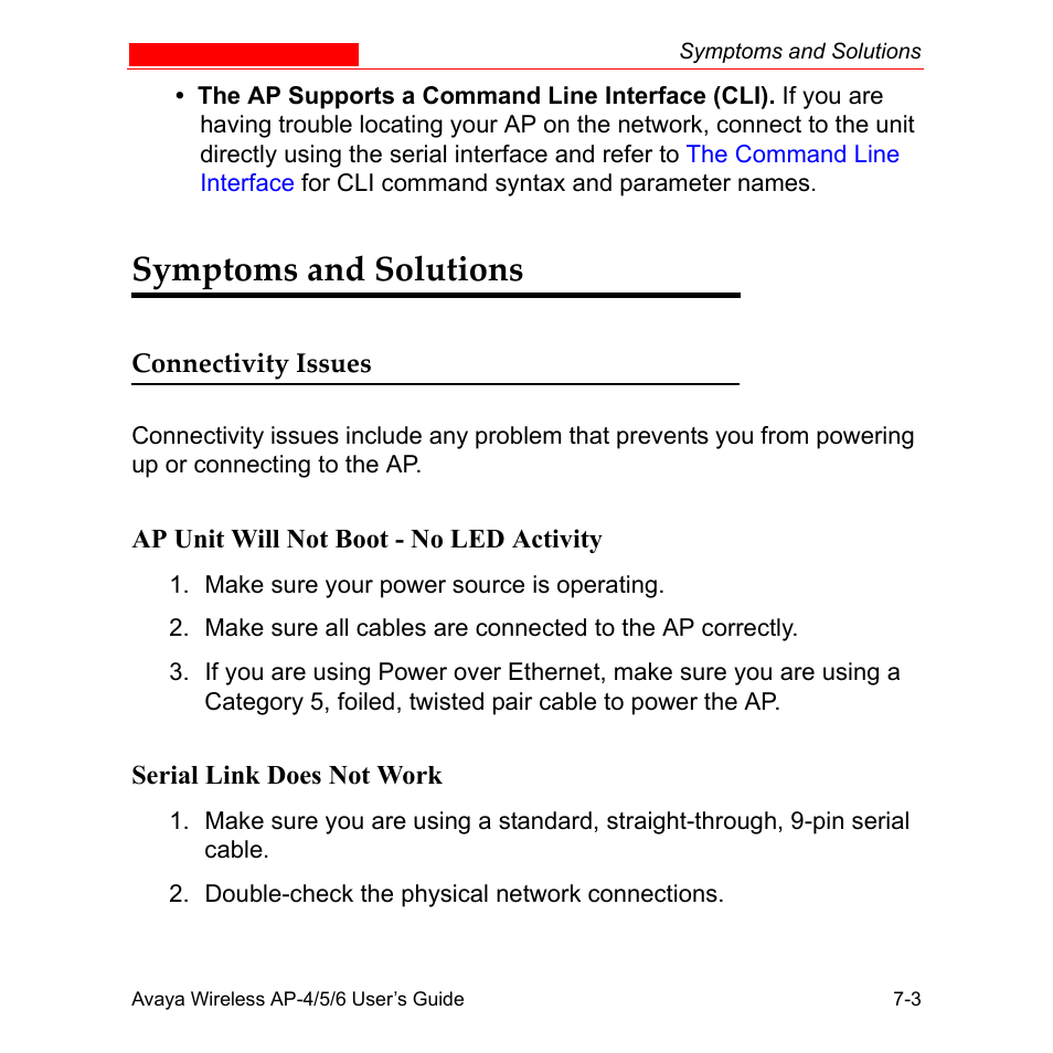 Symptoms and solutions, Connectivity issues, Symptoms and solutions -3 | Connectivity issues -3 | Avaya AP-6 User Manual | Page 319 / 502