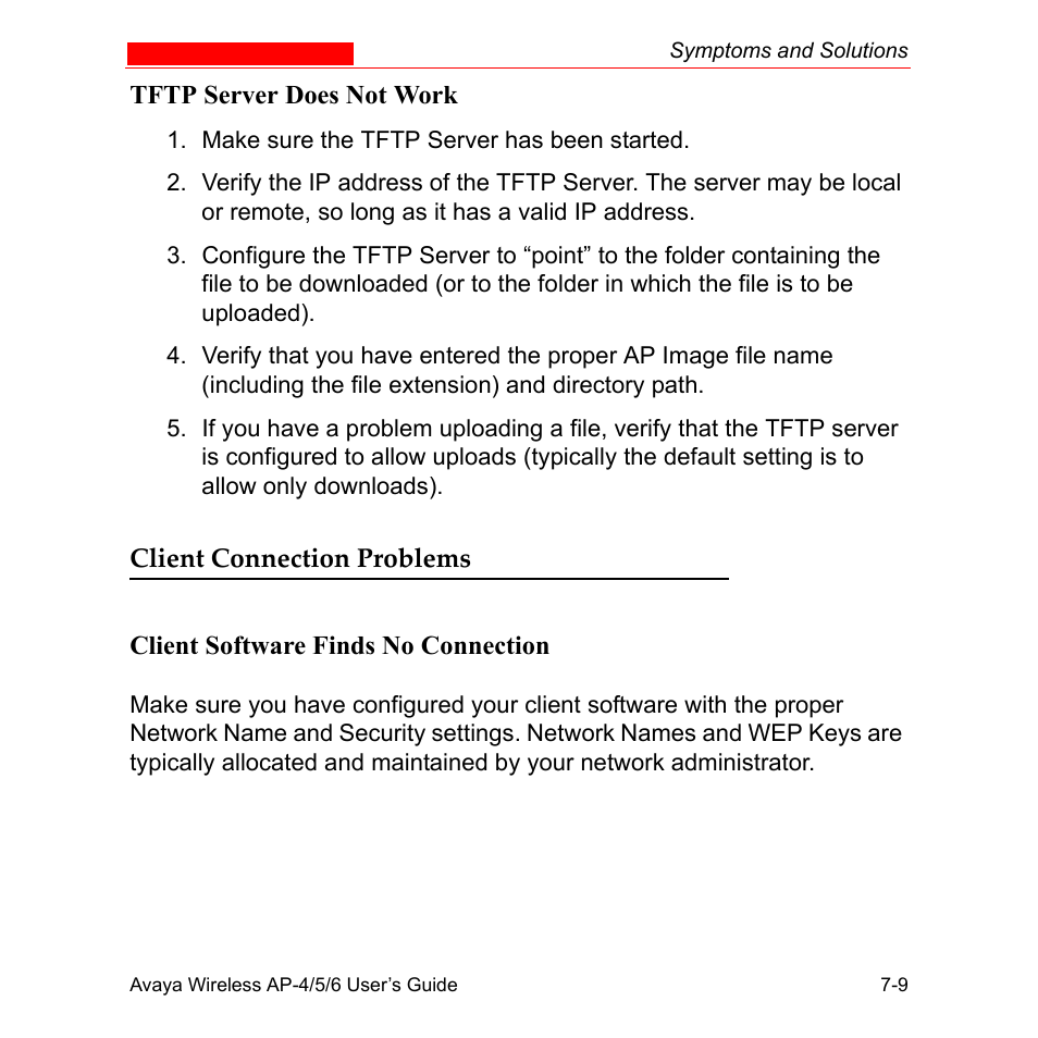 Client connection problems, Client connection problems -9 | Avaya AP-6 User Manual | Page 325 / 502