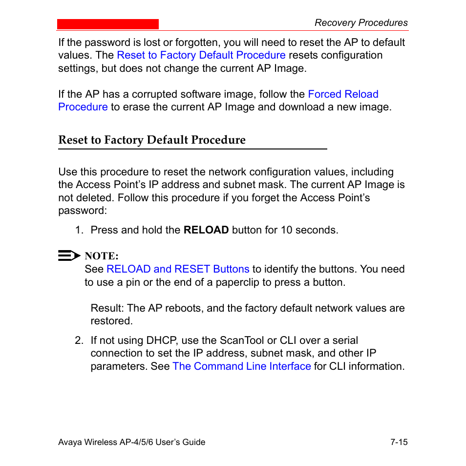 Reset to factory default procedure, Reset to factory default procedure -15, Resets | Avaya AP-6 User Manual | Page 331 / 502