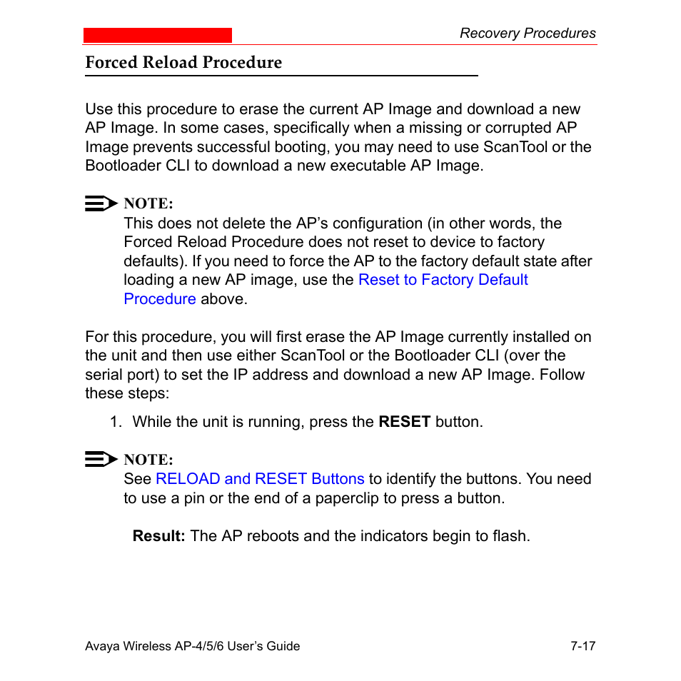 Forced reload procedure, Forced reload procedure -17, To er | Forced reload, Procedure | Avaya AP-6 User Manual | Page 333 / 502