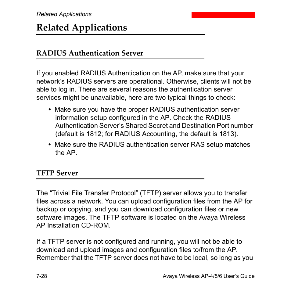 Related applications, Radius authentication server, Tftp server | Related applications -28, Radius authentication server -28 tftp server -28 | Avaya AP-6 User Manual | Page 344 / 502