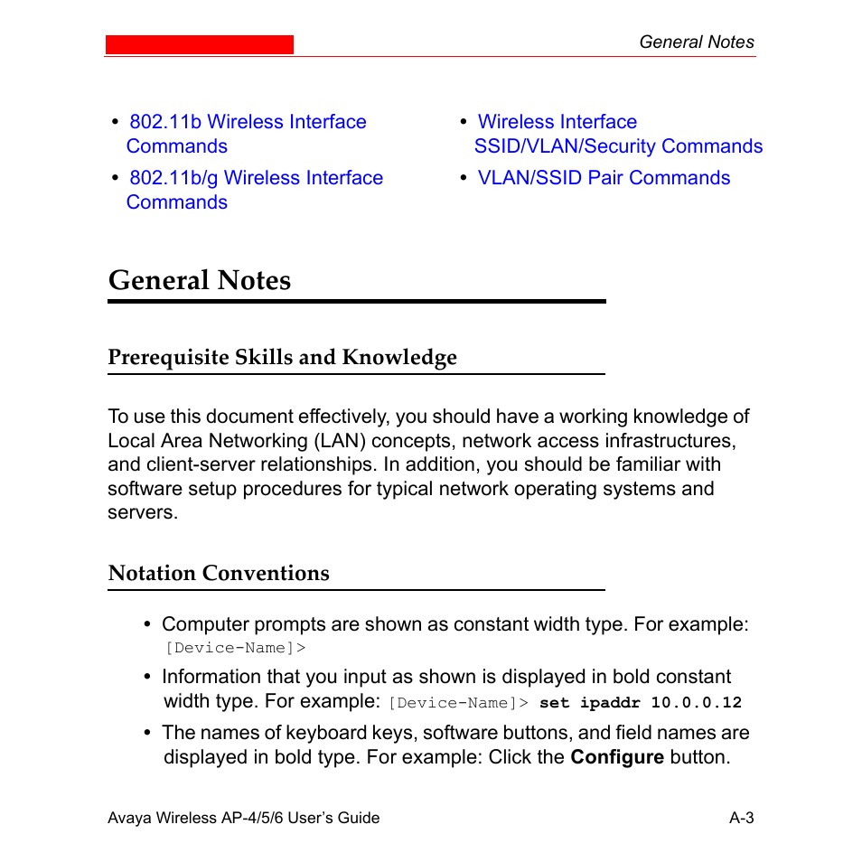 General notes, Prerequisite skills and knowledge, Notation conventions | Avaya AP-6 User Manual | Page 349 / 502