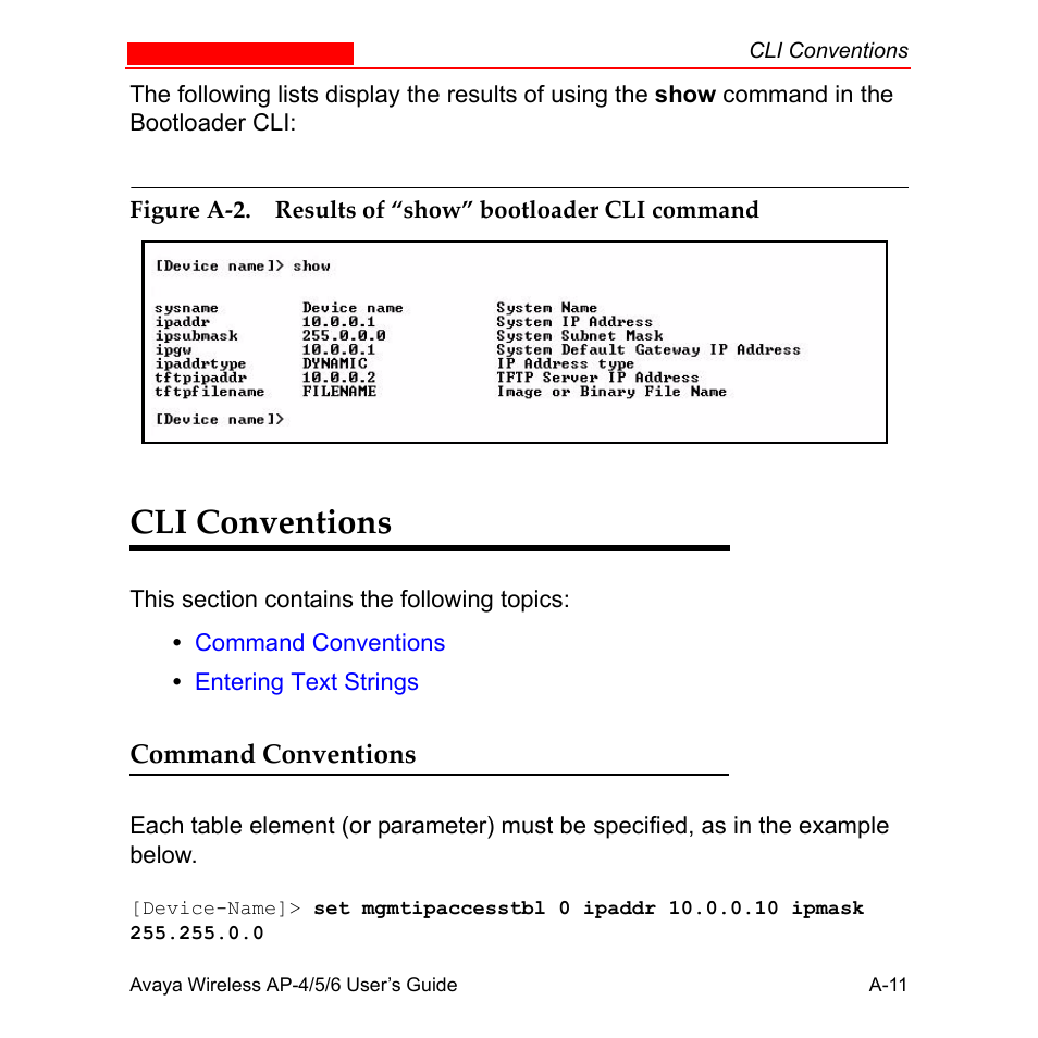 Cli conventions, Command conventions | Avaya AP-6 User Manual | Page 357 / 502