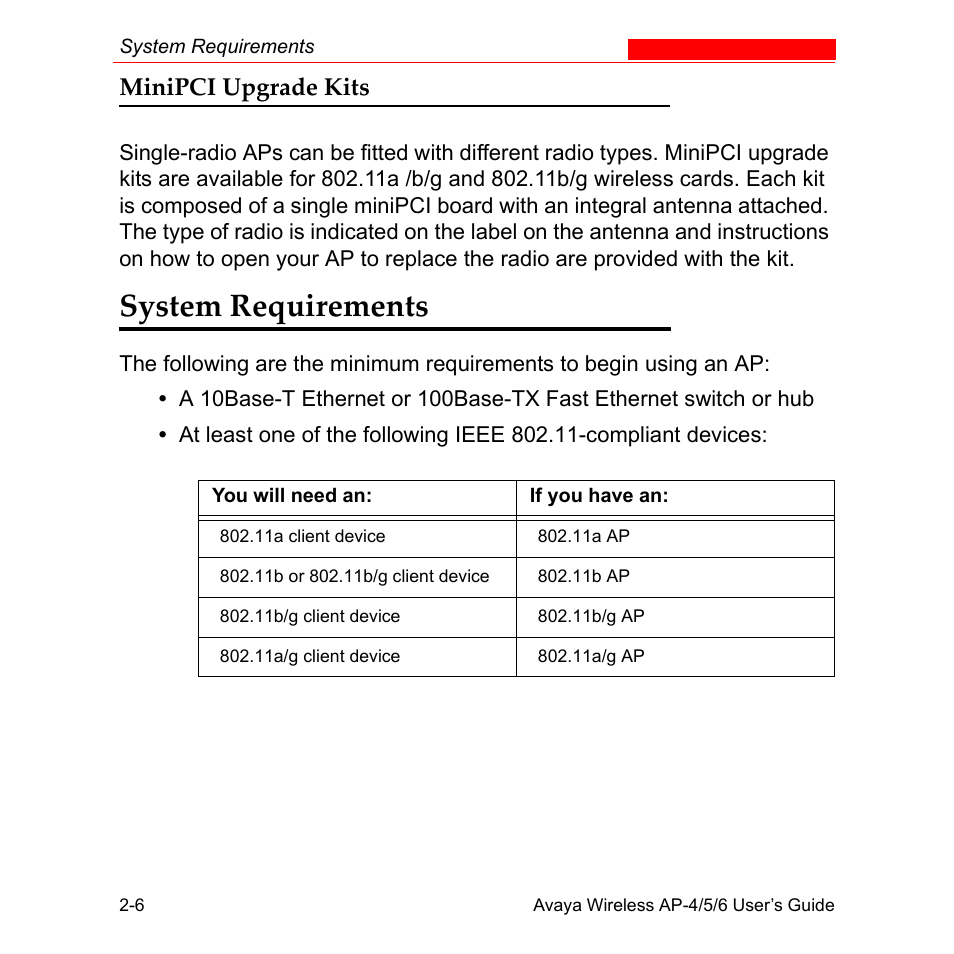 Minipci upgrade kits, System requirements, Minipci upgrade kits -6 | System requirements -6 | Avaya AP-6 User Manual | Page 36 / 502