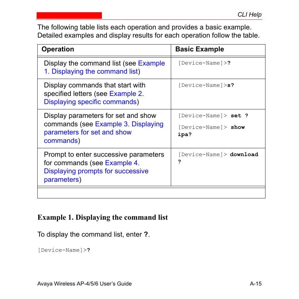 Example 1. displaying the command list | Avaya AP-6 User Manual | Page 361 / 502