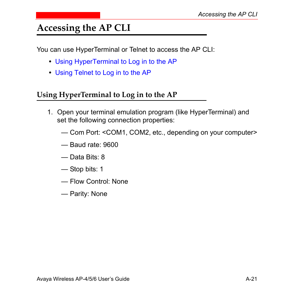 Accessing the ap cli, Using hyperterminal to log in to the ap | Avaya AP-6 User Manual | Page 367 / 502