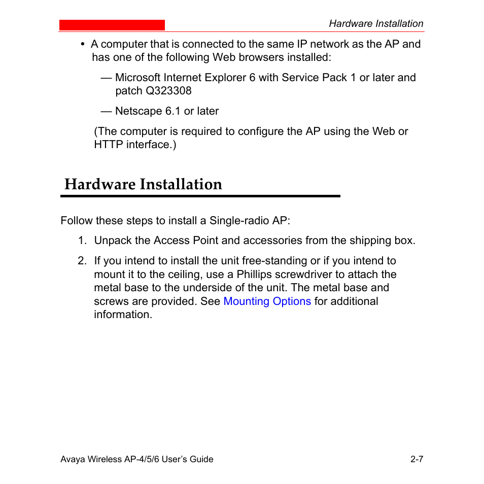 Hardware installation, Hardware installation -7 | Avaya AP-6 User Manual | Page 37 / 502