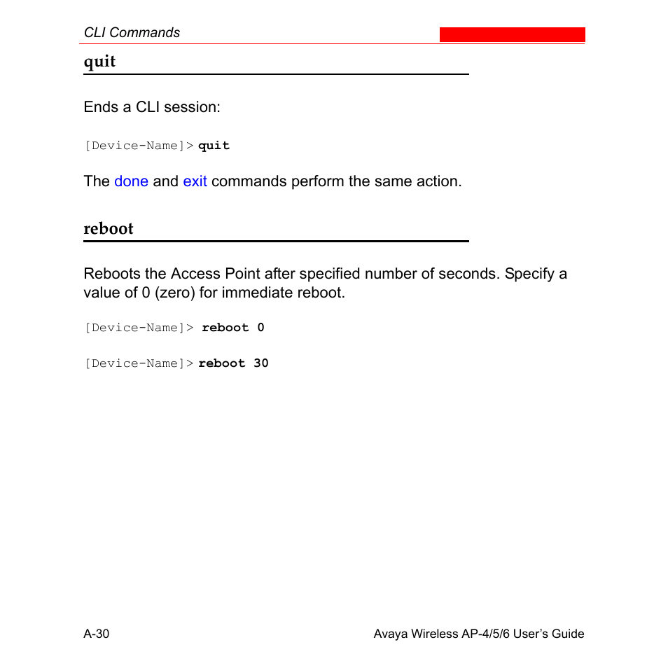 Quit, Reboot, Comm | Avaya AP-6 User Manual | Page 376 / 502