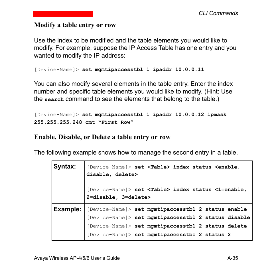 Modify a table entry or row, Enable, disable, or delete a table entry or row | Avaya AP-6 User Manual | Page 381 / 502