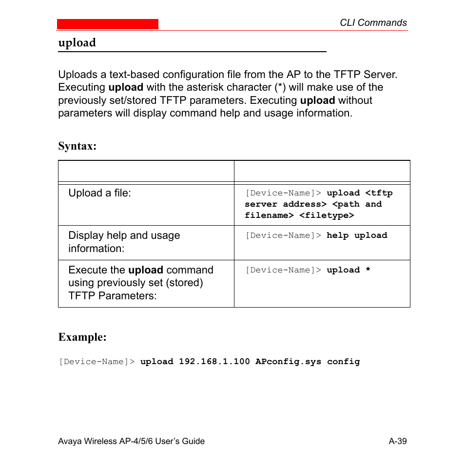 Upload, Syntax: example | Avaya AP-6 User Manual | Page 385 / 502