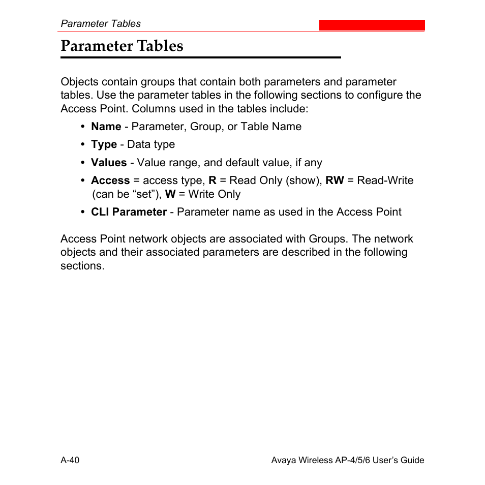 Parameter tables | Avaya AP-6 User Manual | Page 386 / 502