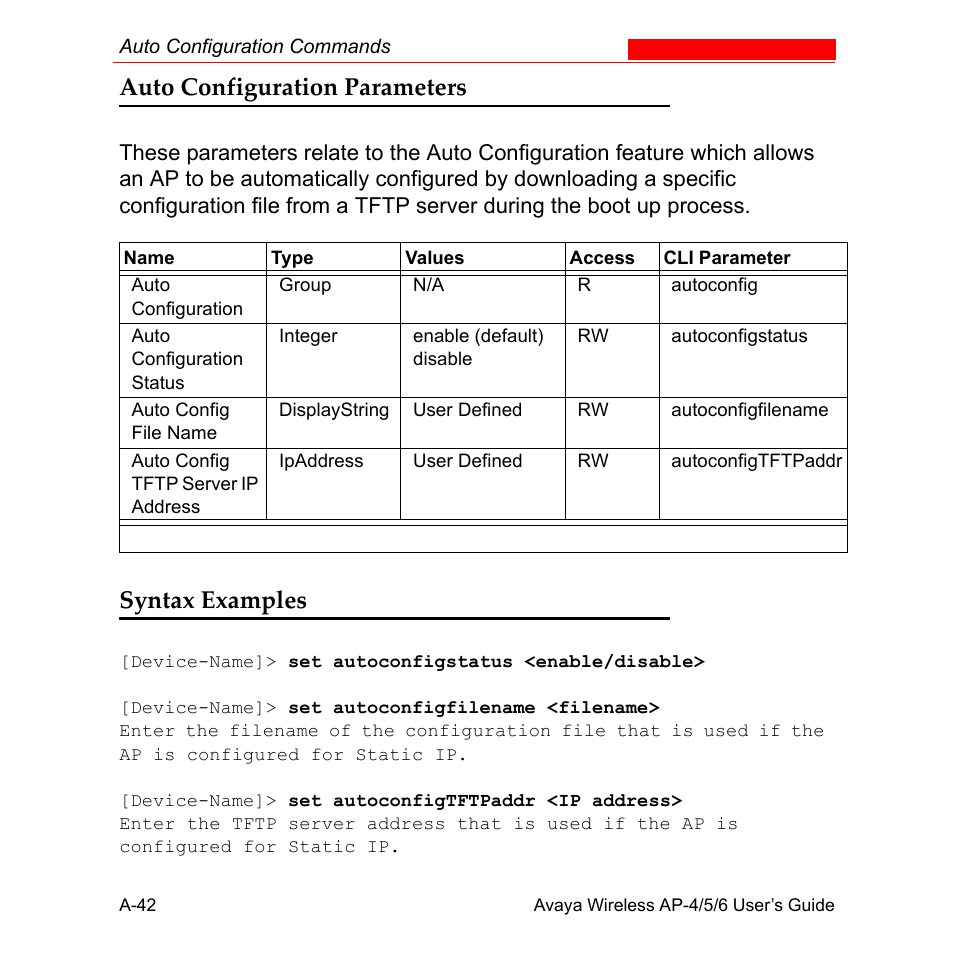 Auto configuration parameters, Syntax examples | Avaya AP-6 User Manual | Page 388 / 502