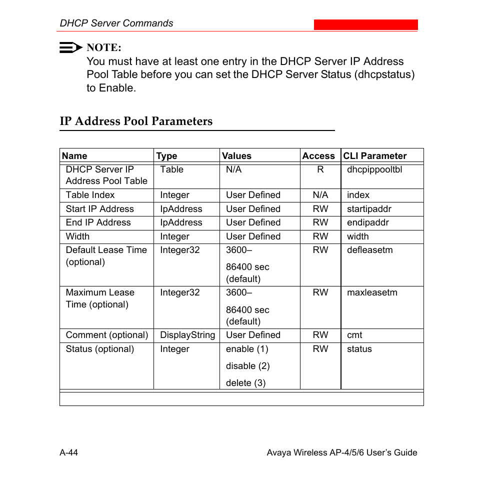 Ip address pool parameters | Avaya AP-6 User Manual | Page 390 / 502