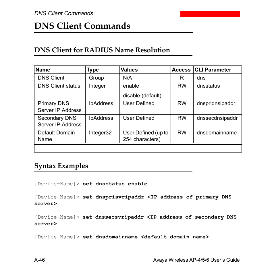 Dns client commands, Dns client for radius name resolution, Syntax examples | Avaya AP-6 User Manual | Page 392 / 502
