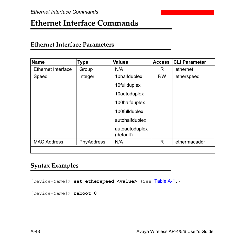 Ethernet interface commands, Ethernet interface parameters, Syntax examples | Ethernet interface parameters syntax examples | Avaya AP-6 User Manual | Page 394 / 502
