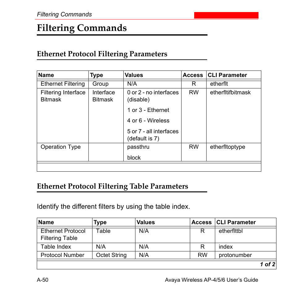 Filtering commands, Ethernet protocol filtering parameters, Ethernet protocol filtering table parameters | Avaya AP-6 User Manual | Page 396 / 502