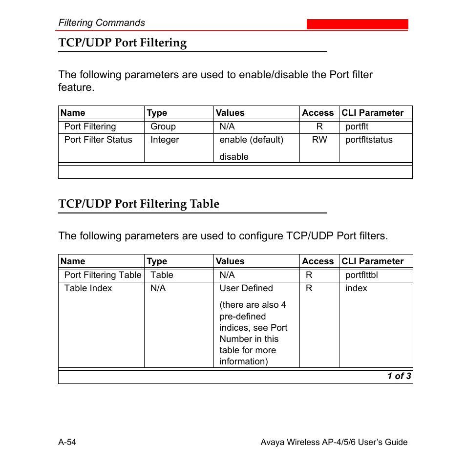 Tcp/udp port filtering, Tcp/udp port filtering table | Avaya AP-6 User Manual | Page 400 / 502