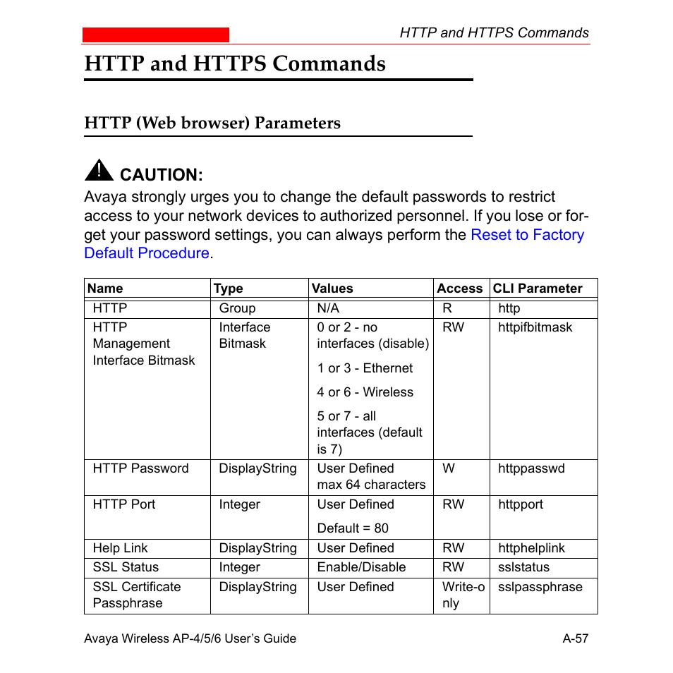 Http and https commands, Http (web browser) parameters, Caution | Avaya AP-6 User Manual | Page 403 / 502