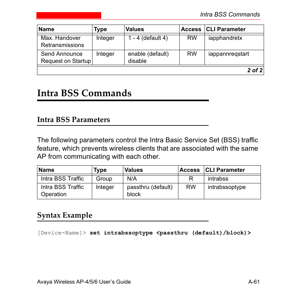 Intra bss commands, Intra bss parameters, Syntax example | Avaya AP-6 User Manual | Page 407 / 502
