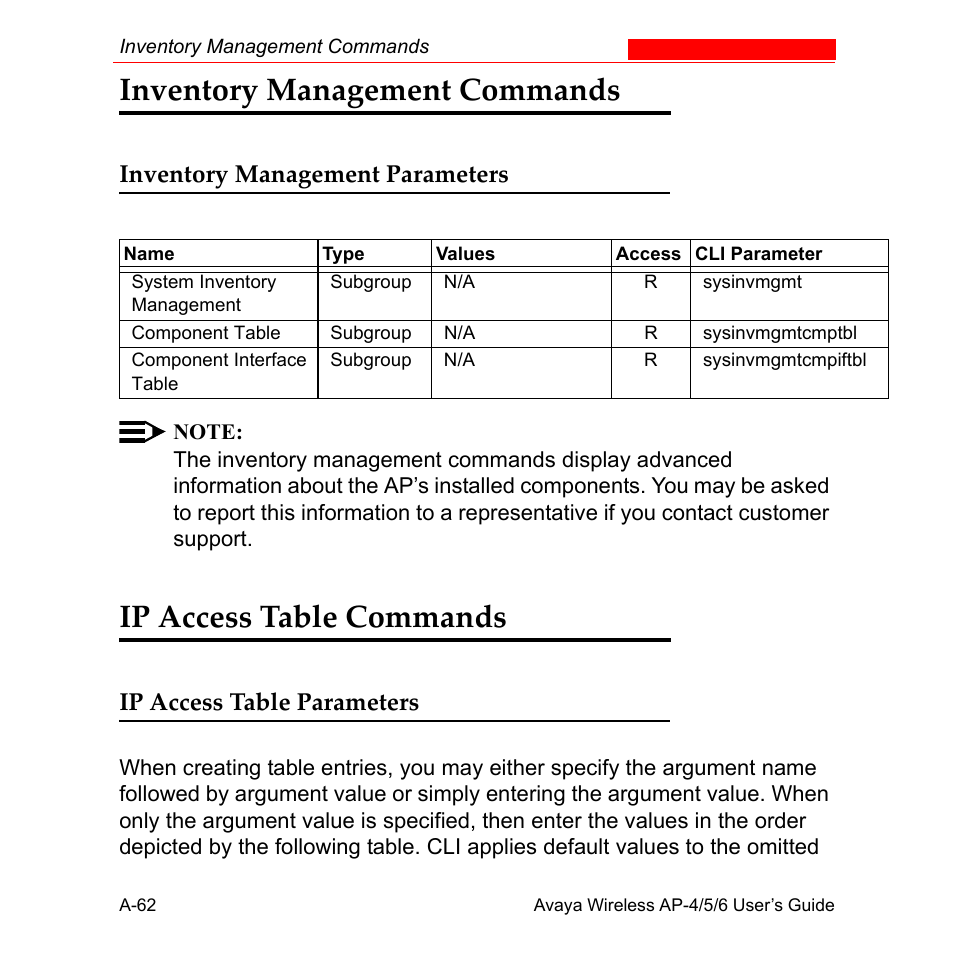 Inventory management commands, Inventory management parameters, Ip access table commands | Ip access table parameters | Avaya AP-6 User Manual | Page 408 / 502