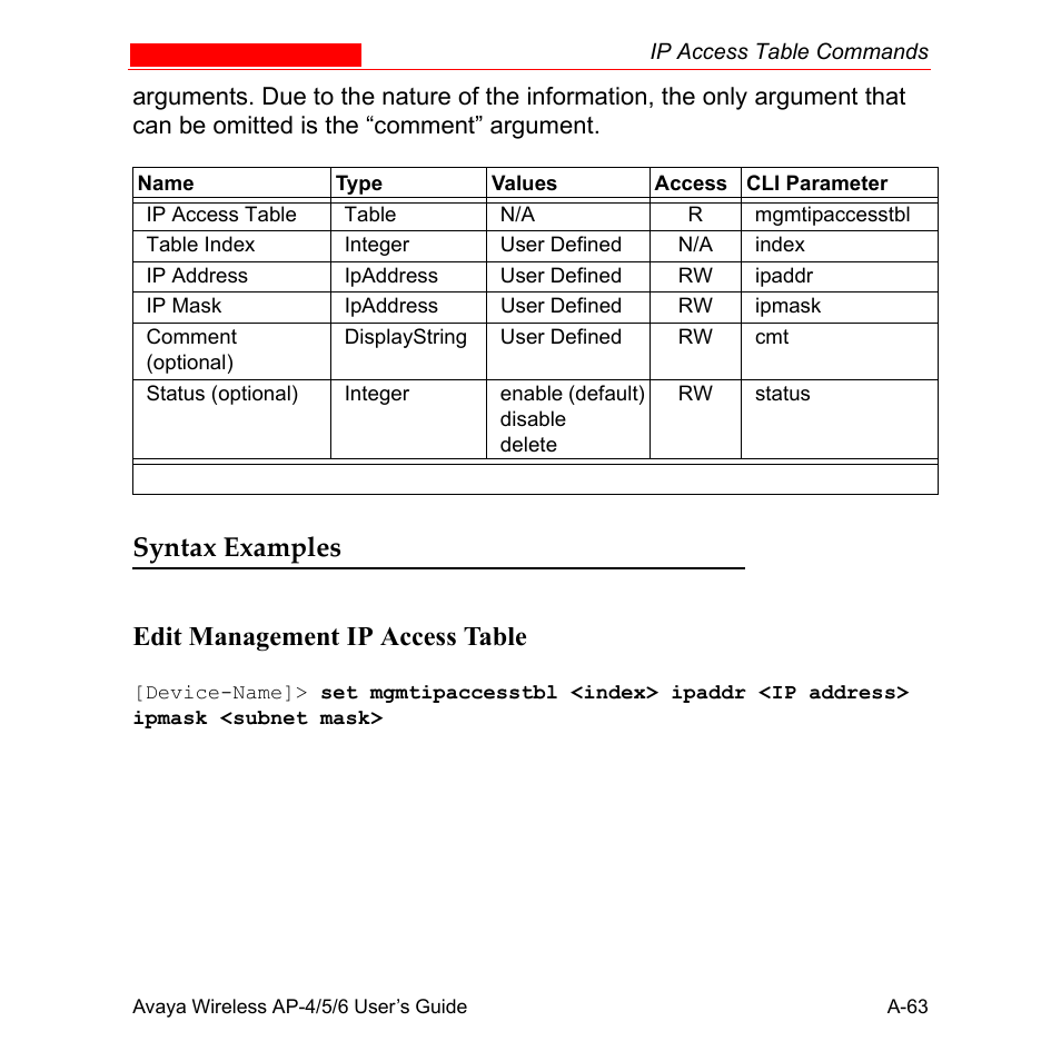 Syntax examples, Syntax examples edit management ip access table | Avaya AP-6 User Manual | Page 409 / 502