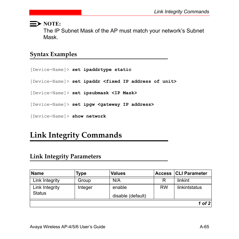 Syntax examples, Link integrity commands, Link integrity parameters | Avaya AP-6 User Manual | Page 411 / 502