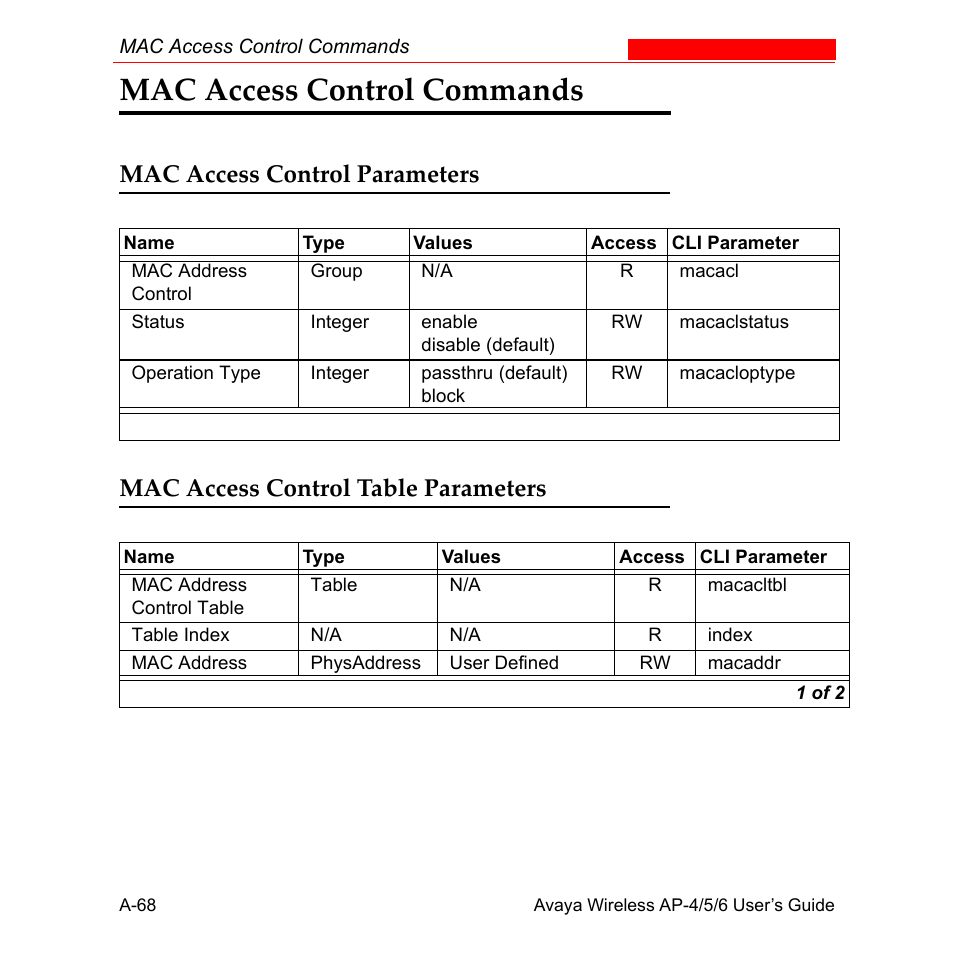 Mac access control commands, Mac access control parameters, Mac access control table parameters | Avaya AP-6 User Manual | Page 414 / 502