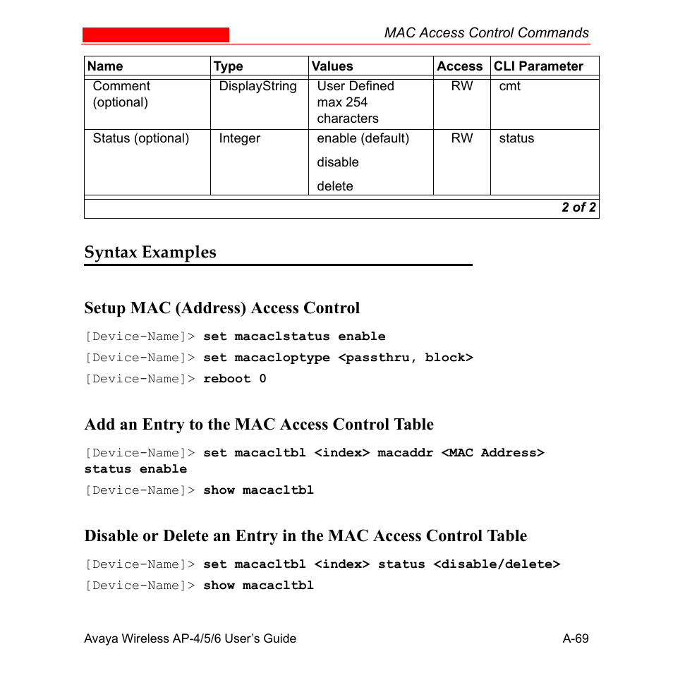Syntax examples, Syntax examples setup mac (address) access control, Add an entry to the mac access control table | Avaya AP-6 User Manual | Page 415 / 502