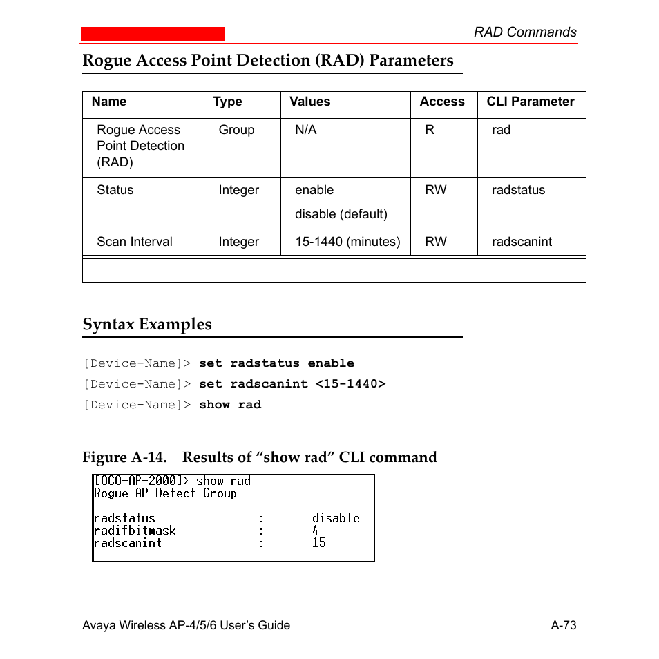 Rogue access point detection (rad) parameters, Syntax examples | Avaya AP-6 User Manual | Page 419 / 502