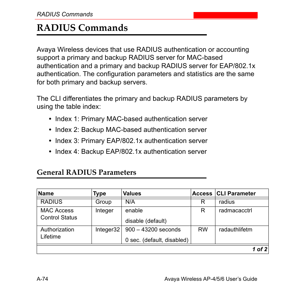 Radius commands, General radius parameters | Avaya AP-6 User Manual | Page 420 / 502