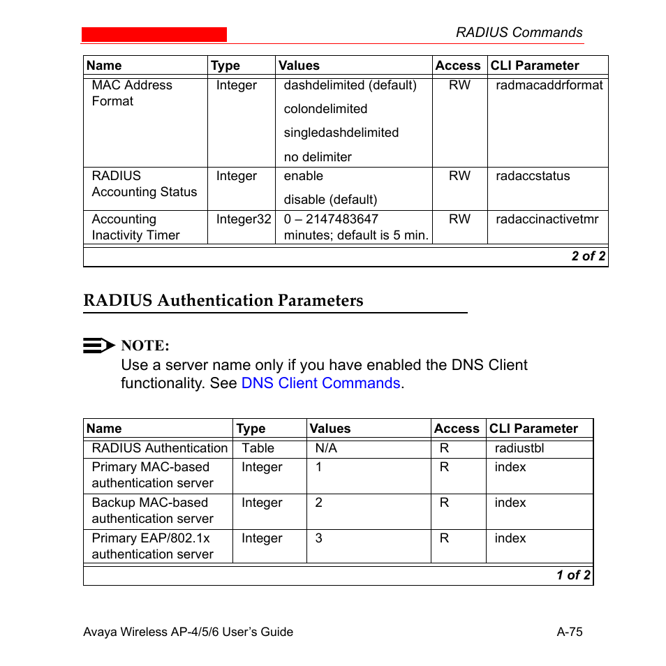 Radius authentication parameters | Avaya AP-6 User Manual | Page 421 / 502