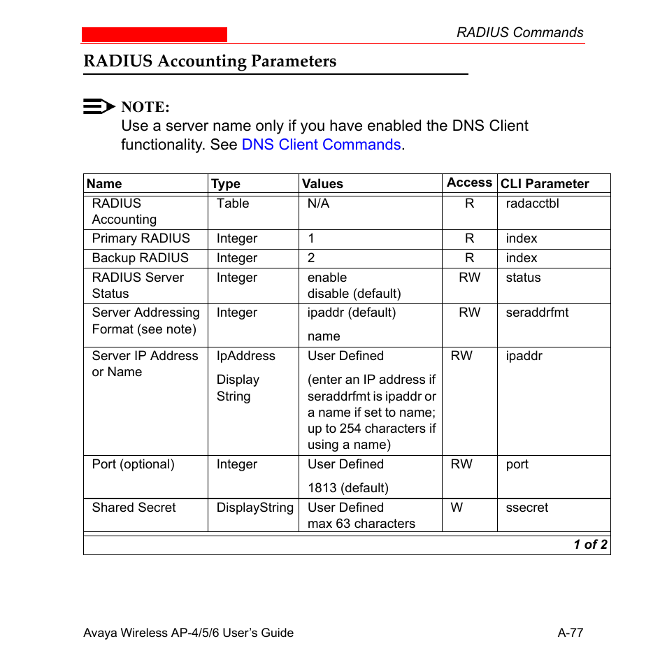 Radius accounting parameters | Avaya AP-6 User Manual | Page 423 / 502