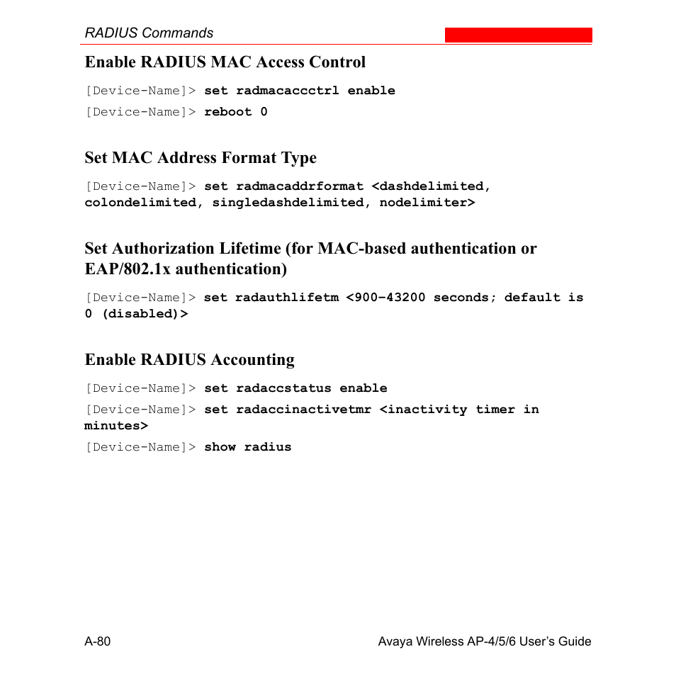 Enable radius mac access control, Set mac address format type, Enable radius accounting | Avaya AP-6 User Manual | Page 426 / 502