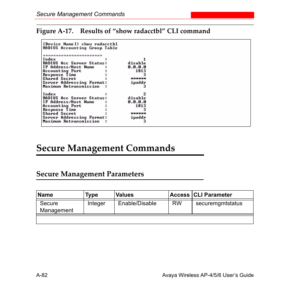 Secure management commands, Secure management parameters | Avaya AP-6 User Manual | Page 428 / 502