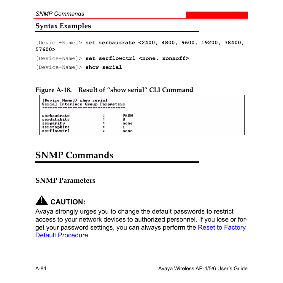 Syntax examples, Snmp commands, Snmp parameters | Avaya AP-6 User Manual | Page 430 / 502