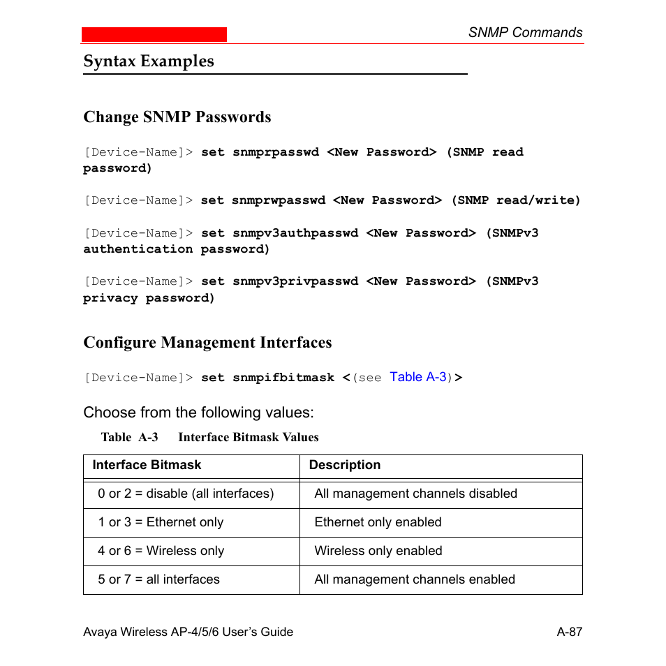 Syntax examples, Syntax examples change snmp passwords, Configure management interfaces | Avaya AP-6 User Manual | Page 433 / 502