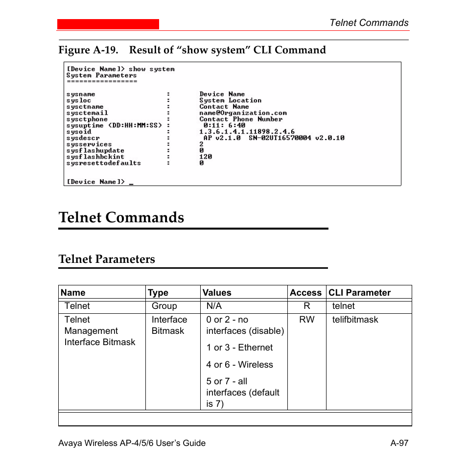 Telnet commands, Telnet parameters | Avaya AP-6 User Manual | Page 443 / 502