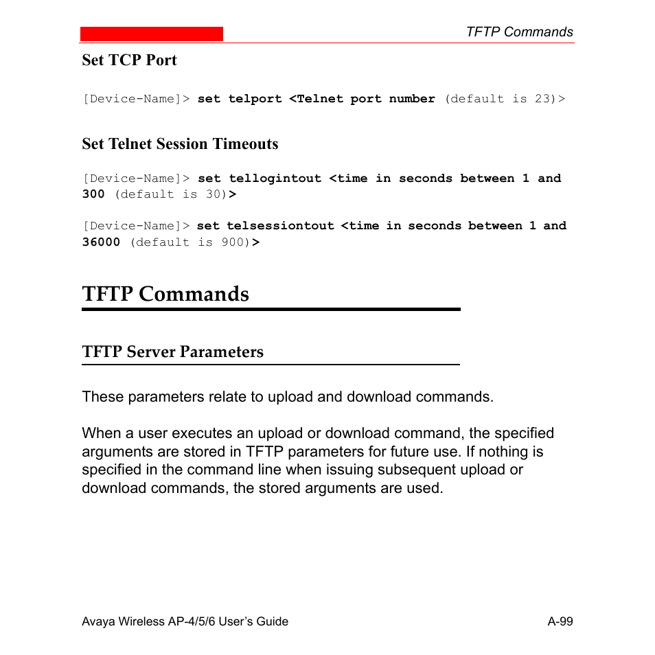 Tftp commands, Tftp server parameters | Avaya AP-6 User Manual | Page 445 / 502