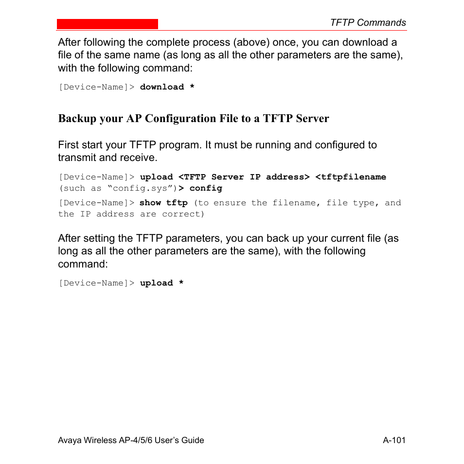 Backup your ap configuration file to a tftp server | Avaya AP-6 User Manual | Page 447 / 502
