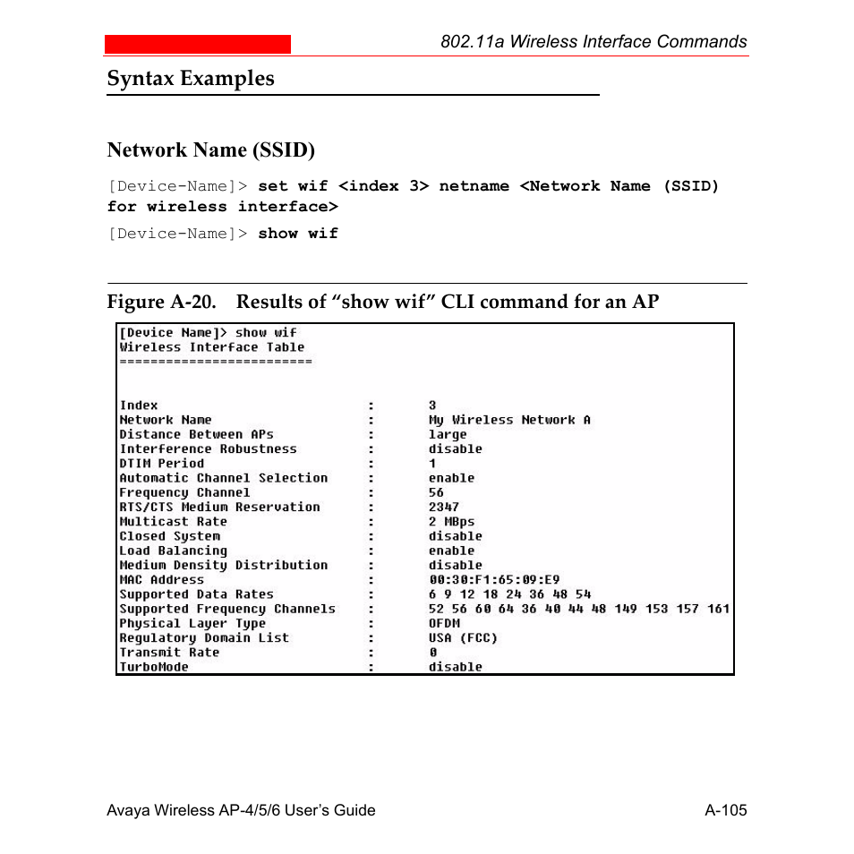 Syntax examples, Syntax examples network name (ssid) | Avaya AP-6 User Manual | Page 451 / 502