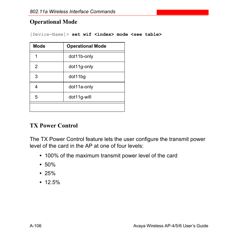 Operational mode, Tx power control | Avaya AP-6 User Manual | Page 452 / 502