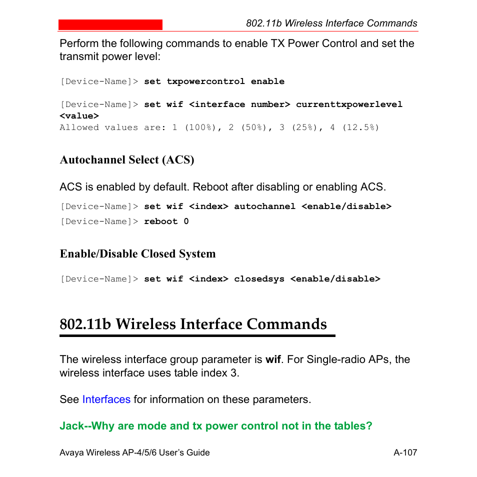 11b wireless interface commands, 11b wireless interface, Commands | Avaya AP-6 User Manual | Page 453 / 502