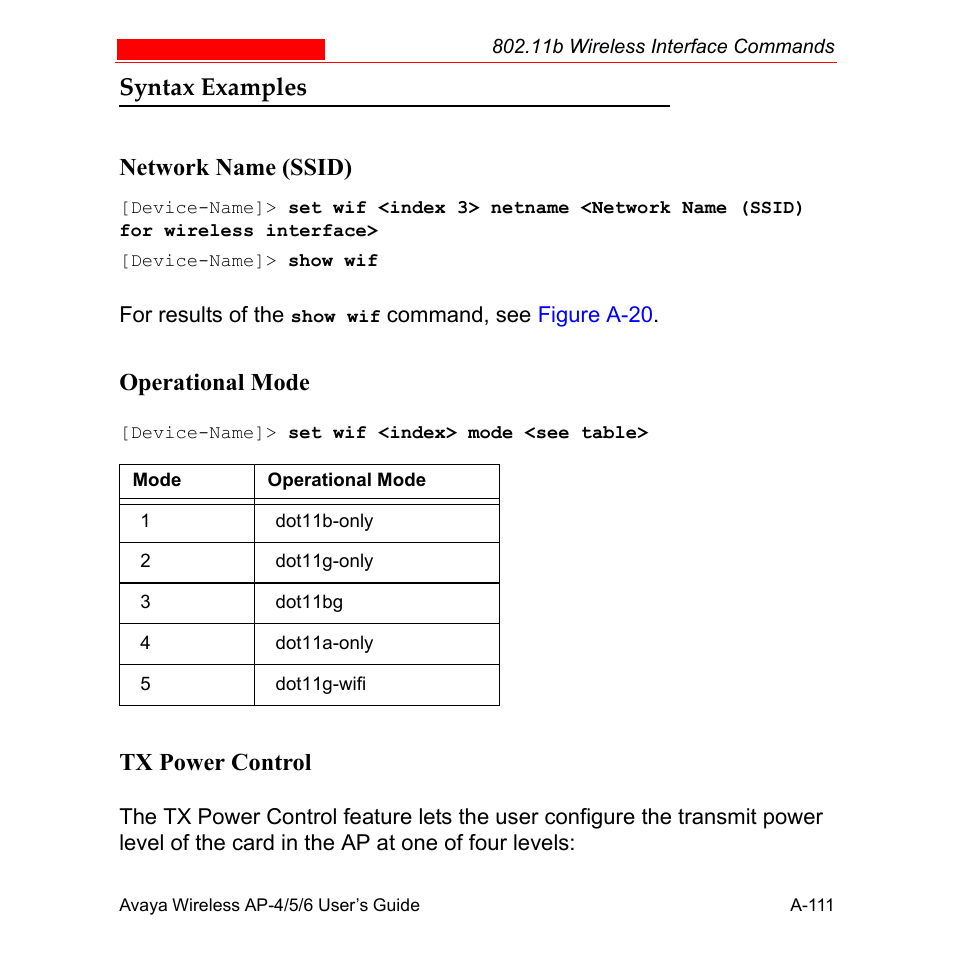 Syntax examples, Syntax examples network name (ssid), Operational mode | Tx power control | Avaya AP-6 User Manual | Page 457 / 502