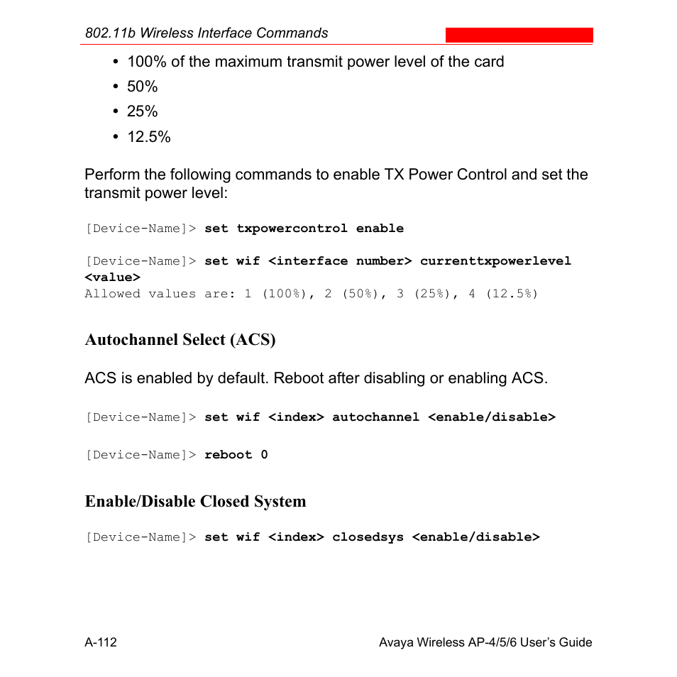 Autochannel select (acs), Enable/disable closed system | Avaya AP-6 User Manual | Page 458 / 502